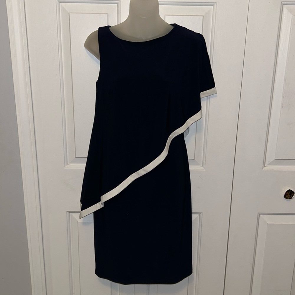 Lauren Ralph Lauren sz 2 Navy One Shoulder Cocktail Dress White trim GUC B1313